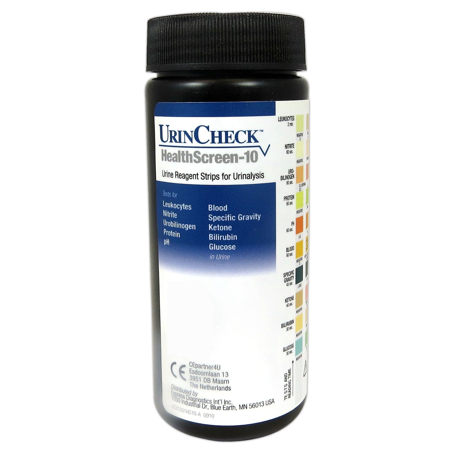 UrinCheck™ HealthScreen-10 Bilirubin, Blood, Glucose, Ketone, Leukocytes, Nitrite, pH, Protein, Specific Gravity, Urobilinogen Urinalysis Test Kit 100/BOTTLE -UC81200