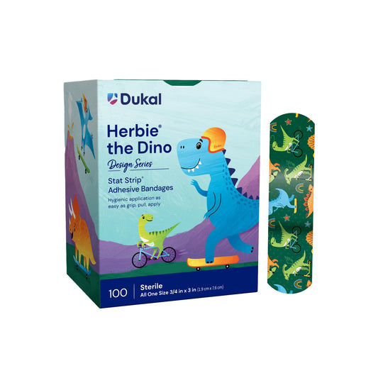 American White Cross Stat Strip Kid Design (Herbie the Dinosaur) Adhesive Strip,  x 3 Inch 100/BOX -15601