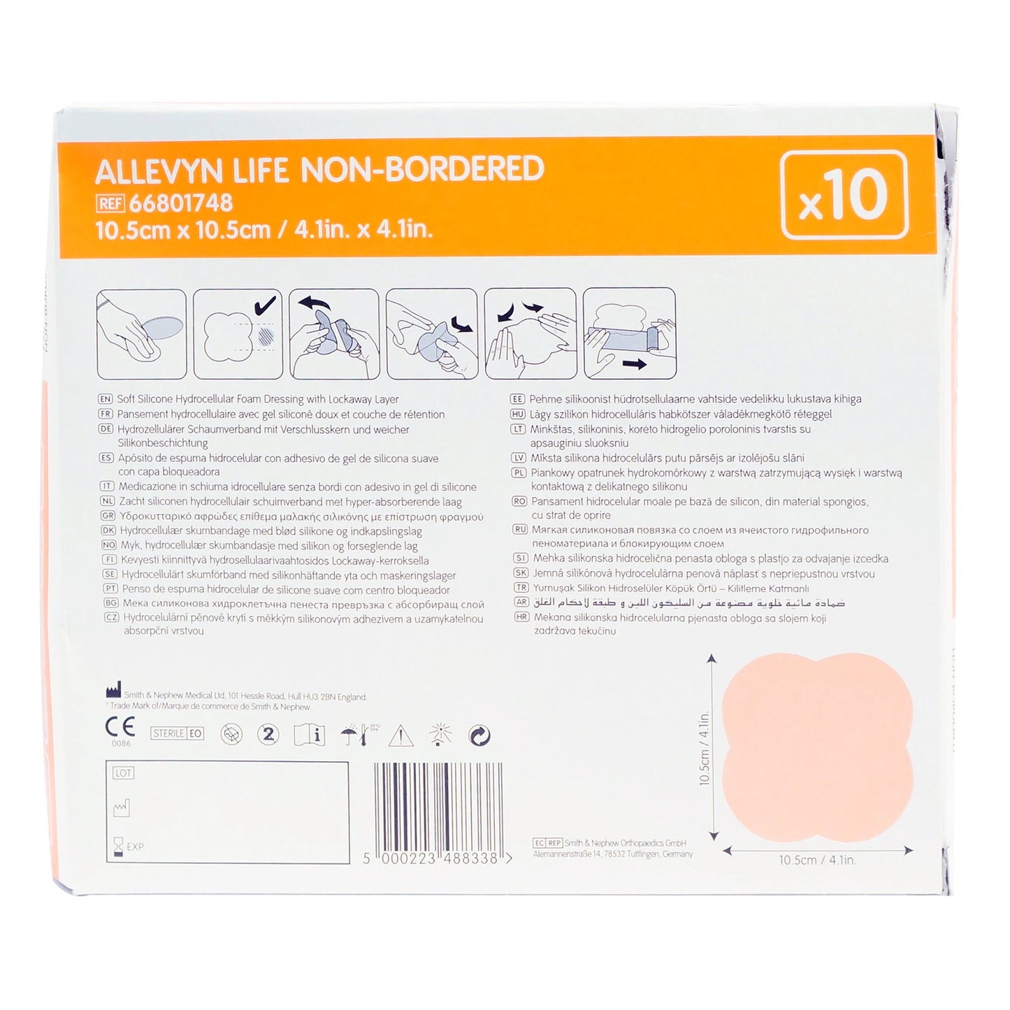 Allevyn Life Nonadhesive without Border Silicone Foam Dressing, 4 x 4 Inch 10/BOX -66801748