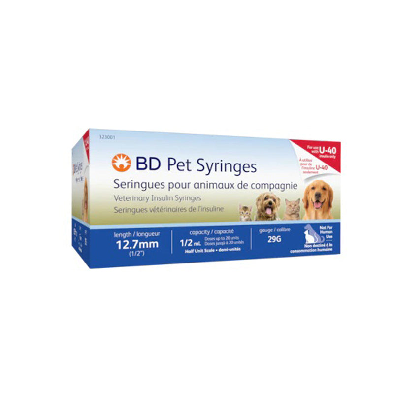 Embecta Veterinary Syringe. Vet Insulin Syringe, U-40, 0.5 Ml, 29G X 12.7Mm, 100/Bx, 10 Bx/Cs (Continental Us Only) (Drop Ship Requires Pre-Approval).