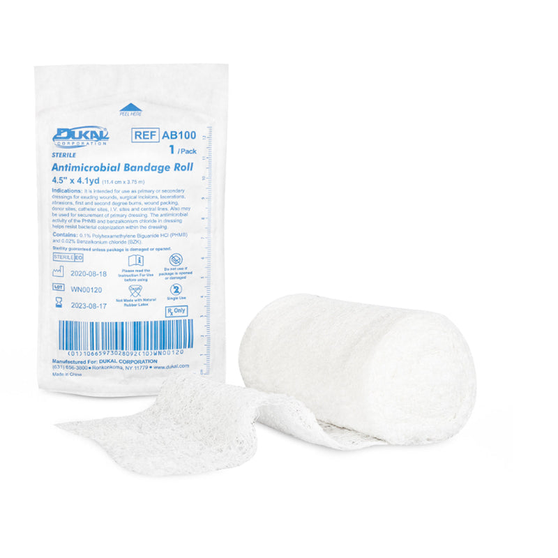 Dukal Antimicrobial Bandage. Antimicrobial Bandage Roll, 4" X 4.1 Yd, Sterile, 1 Roll/Pk, 100 Pk/Cs (24 Cs/Plt). Bandage Roll Antimicrobial4Inx4.1 St 