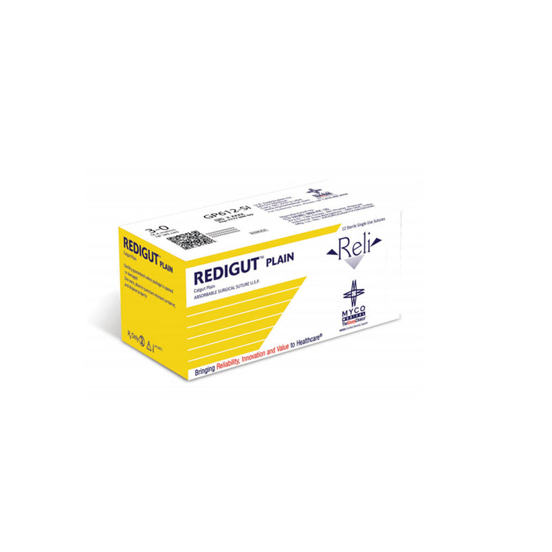 Myco Reli Plain Gut Suture. Reli Plain Gut Sutures, 3-0, Mfs-2 Needle: Rev Cut, 19Mm, 3/8 Circle, 18", 12/Bx (To Be Discontinued) (Us Only). Tbd-Red