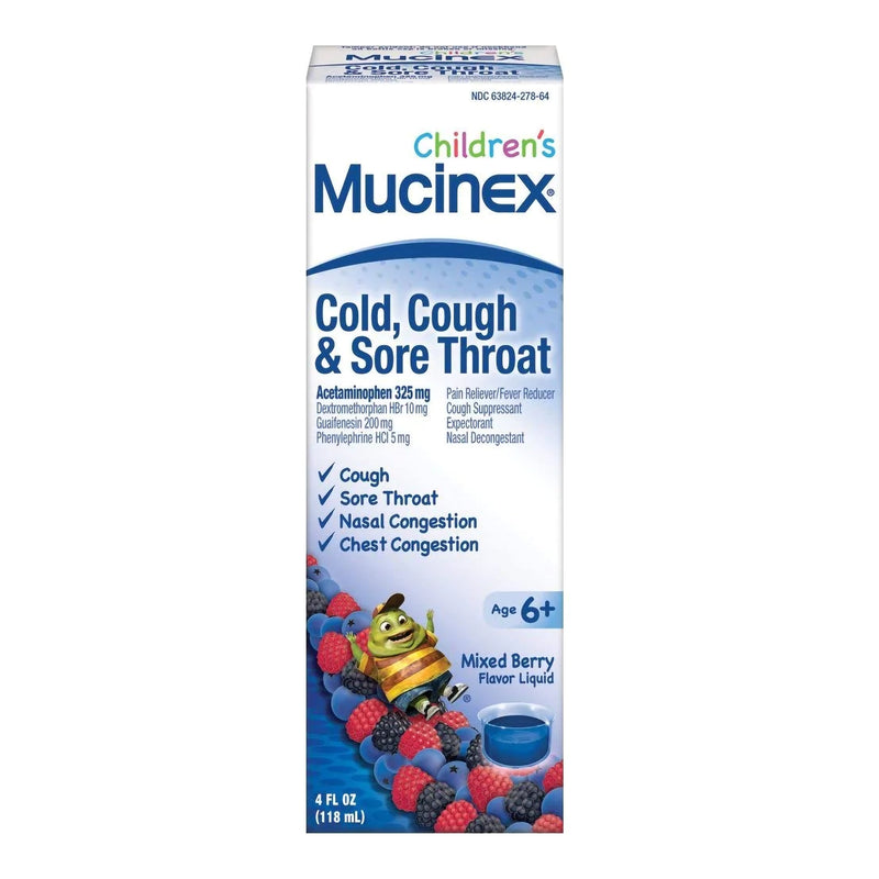 Mucinex® Children'S Cold And Flu Liquid Very Berry Acetaminophen / Dextromethorphan / Guaifenesin / Phenylephrine Children'S Cold , Sold As 1/Each Rec