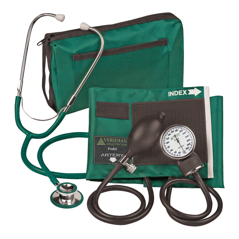 Combo Prokit™ Aneroid Sphygmomanometer Unit With Stethoscope, Green, Sold As 20/Case Veridian 02-12706