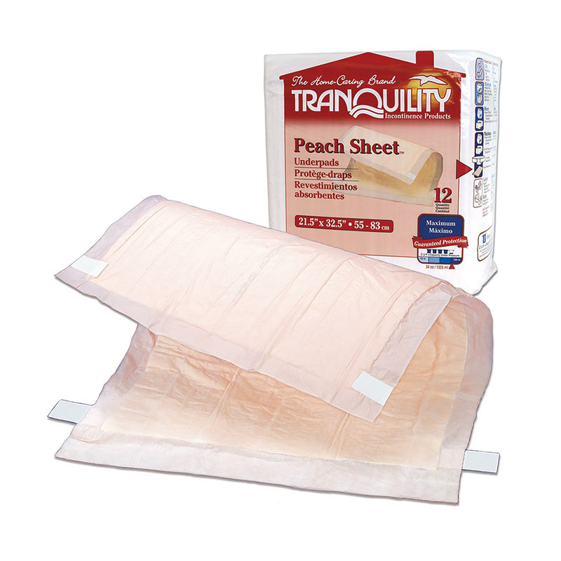 DISPOSABLE UNDERPAD TRANQUILITY® PEACH SHEET 21-1 2 X 32-1 2 INCH SUPER ABSORBENT POLYMER HEAVY ABSORBENC, SOLD AS 8/CASE, PRINCIPLE 2074