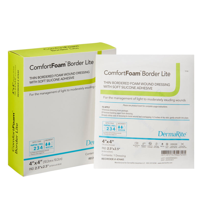 Comfortfoam™ Border Lite Silicone Adhesive With Border Thin Silicone Foam Dressing, 4 X 4 Inch, Sold As 1/Each Dermarite 47440