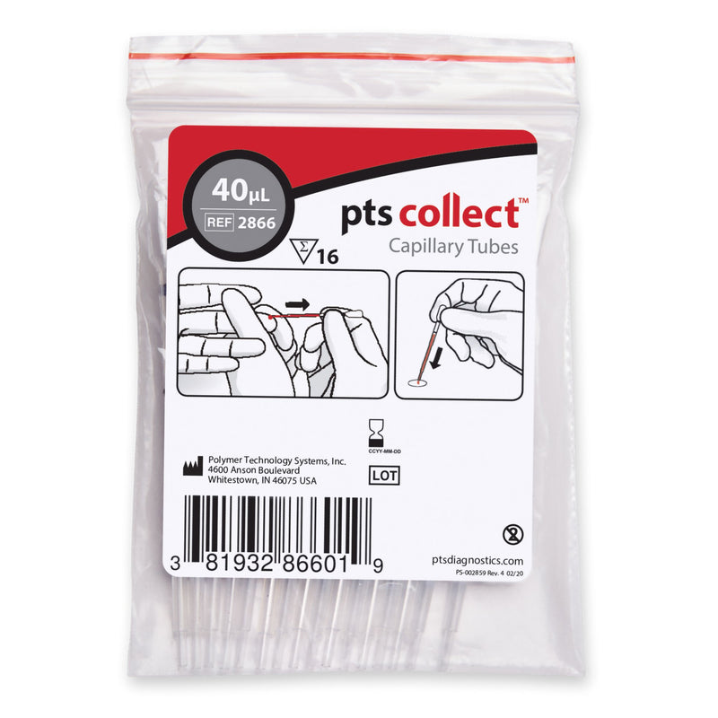 Pts Diagnostics Capillary Blood Collection Tube, 40 µl, Sold As 16/Bag Pts 2866