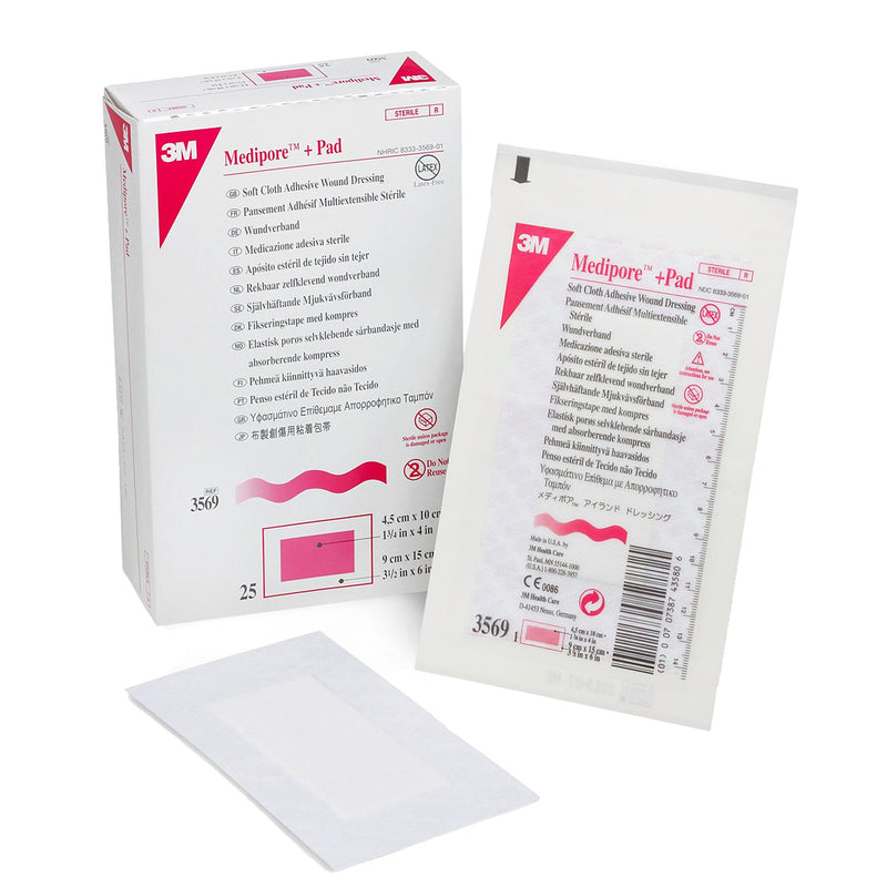 3M™ Medipore™ Adhesive Dressing, Soft Cloth, Sterile, White, Sold As 25/Box 3M 3569