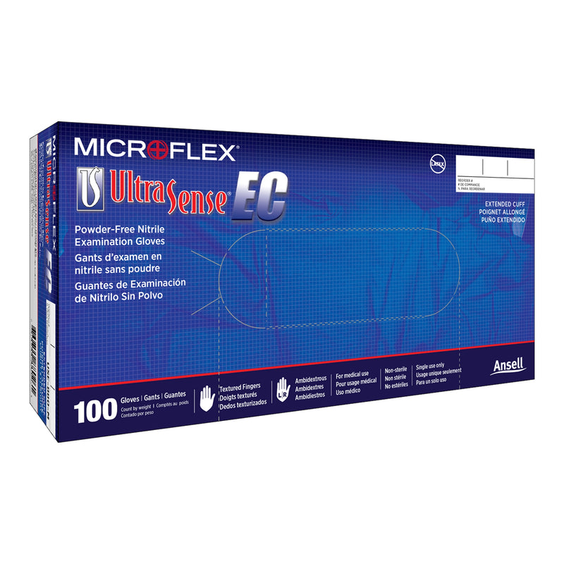 Ultrasense® Ec Extended Cuff Length Exam Glove, Medium, Blue, Sold As 100/Box Microflex Use-880-M
