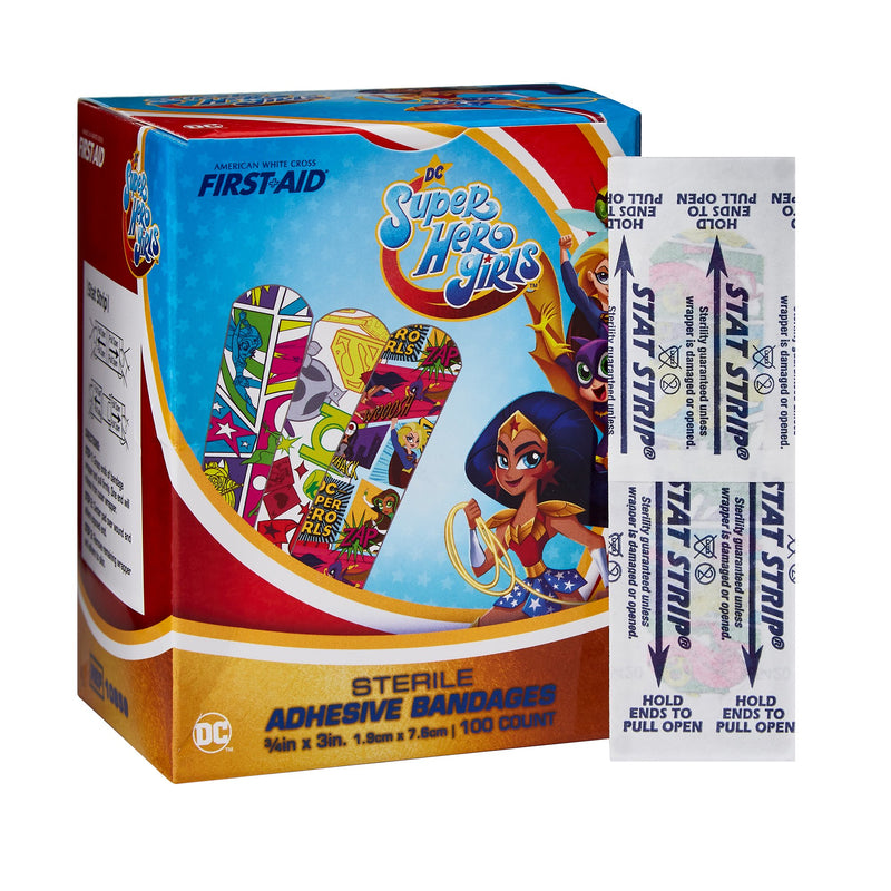American® White Cross First Aid Dc Super Hero Girls Kid Design Adhesive Strip, ¾ X 3 Inch, Sold As 100/Box Dukal 10859