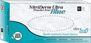 Innovative Nitriderm® Ultra Blue Nitrile Synthetic Powder-Free Non-Sterile Exam Gloves. Glove Nitrile Exam Pfblu Sm 100/Bx 10Bx/Cs (Ntpf), Case
