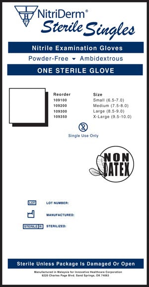 Innovative Nitriderm® Sterile Powder-Free Nitrile Exam Gloves. Disc-Glove Exam Pf Nitrile Lg8.5-9 Single 100/Bx 4Bx/Cs, Case