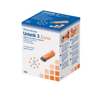 Owen Mumford Unistik® 3 Pre-Set Single Use Safety Lancets. Lancing Dev Unistik 3 Extra21G 2.0Mm Depth 100/Bx, Box