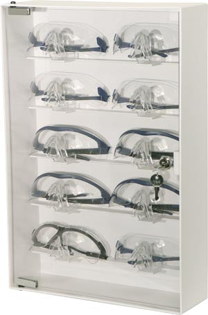 Bowman Safety Glass Dispenser. Eyewear Cabinet, Locking, Holds Up To 10 Pr Of Safety Glasses On Nose Holders, Keyholes For Wall Mounting, White Abs Pl
