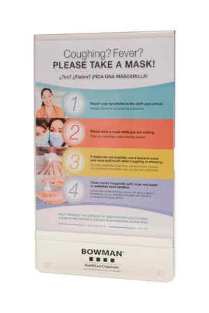 Bowman Accessories. Sign Holder, Vertical, Holds 8½"W X 11"H Signage, Hardware Included For Mounting On Respiratory Hygiene Stations, Clear Petg Plast