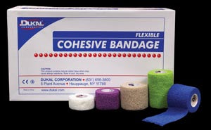 Dukal Cohesive Bandages. Bandage, Cohesive, 4", Non-Sterile, Tan, 5 Yds/Rl, 18 Rl/Bx (24 Bx/Plt). Bandage Cohesive Latex 4 Tan18/Bx, Box