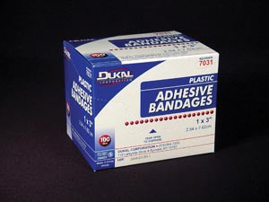 Dukal Adhesive Bandages. Adhesive Bandage, Plastic, 1" X 3", Sterile, 100/Bx, 24 Bx/Cs. Bandage Adhesive 1X3 St Plasticstrip 100/Bx 24Bx/Cs, Case