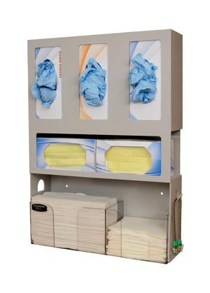 Bowman Dental Organizers. Dental Organizer, Holds Three Boxes Of Gloves, Two Boxes Of Face Masks, Quarter Fold Towels & Patient Bibs, Tabs On Both Sid