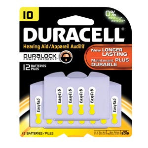 Duracell® Hearing Aid Battery. Battery, Zinc Air, Size 10, 12Pk, 6 Pk/Bx, 4 Bx/Cs (Upc