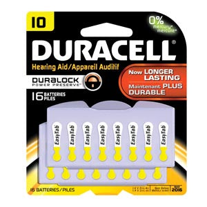 Duracell® Hearing Aid Battery. Battery, Zinc Air, Size 10, 16Pk, 6 Pk/Bx, 6 Bx/Cs (Upc