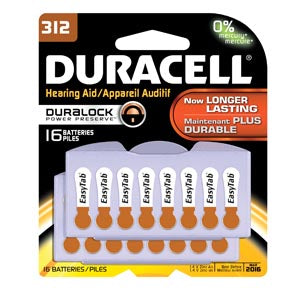 Duracell® Hearing Aid Battery. Battery, Zinc Air, Size 312, 16Pk, 6 Pk/Bx (Upc