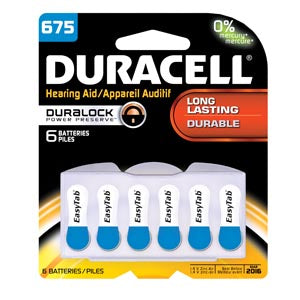 Duracell® Hearing Aid Battery. Battery, Zinc Air, Size 675, 6Pk, 6 Pk/Bx, 6Bx/Cs (Upc