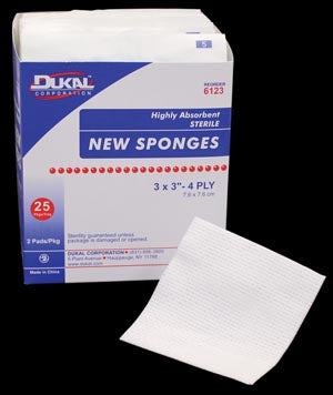Dukal New Sponges. Sponge, 3" X 3", Non-Woven New Sponge, Sterile, 4-Ply, 2/Pk, 25 Pk/Bx, 48 Bx/Cs. Sponge 3X3 4Ply St 2/Pk25Pk/Bx 48Bx/Cs, Case