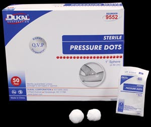 Dukal Pressure Dots. Pressure Dots, 1", Sterile, 1/Pk, 50 Pk/Bx, 10 Bx/Cs. Gauze Sphere Pressure Dot 1St 1/Pk 50Pk/Bx 10Bx/Cs, Case