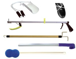 Kinsman Hip Kits. Basic Hip Kit Includes: 27" Ergo Plus Reacher, Sock Aid With Foam Handles, (2) Pair Each Elastic Shoe Laces Black & White, 27" Dress