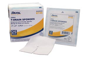 Dukal Iv & T-Drain Sponges. T-Drain Sponge, 4" X 4", Sterile, 2/Pk, 25 Pk/Bx, 12 Bx/Cs. Sponge T-Draine 4X4 Basic St2/Pk 25Pk/Bx 12Bx/Cs, Case