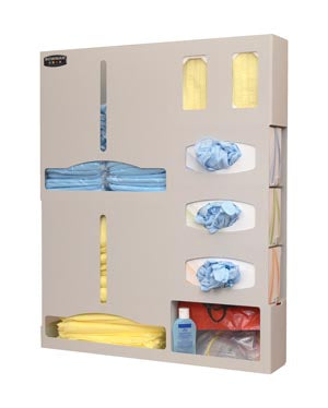 Bowman Protection Organizer. Protection Organizer, Holds A Variety Of Gowns In Two Compartments, Two Boxes Of Earloop Masks & Storage Shelf To Hold A 