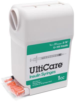Ultimed Ulticare Ultiguard Syringes. Syringe Insulin Ultiguard1Cc 31Gx5/16 100/Bx, Box