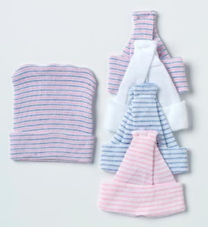 Alba Baby Boggan®. Single-Ply Infant Cap, White, Pink, Blue Stripe, Bulk, 500/Cs. Cap Infant Girl Wht/Pk/Bl Stp500/Cs, Case