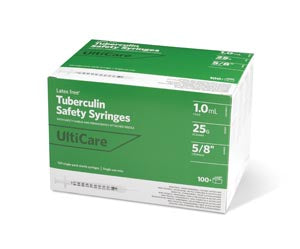Ultimed Ulticare Tuberculin Safety Syringes. Syringe Safety Tb Ulticare1Ml 25Gx5/8 100/Bx, Box