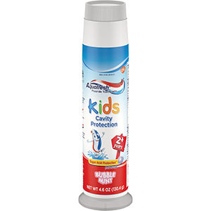 Haleon Aquafresh® Toothpaste. Aquafresh® Kids Three Stripe Pump Fluoride Toothpaste, Bubble Mint Flavor, 2+ Years, 4.6 Oz. Tube, 24/Cs (Available For 