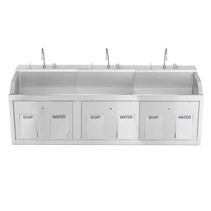 Blickman Scrub Sinks. Lodi Scrub Sink, (3) Place, Wall Mounted, Knee Action Control, Soap Dispenser, Infrared Water Control (Drop Ship Only). Sink Scr