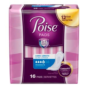 Kimberly-Clark Poise® Pads. Poise Moderate Extra Coverage Pads, 16/Pk, 6 Pk/Cs. Pad Poise Xtra Plus Absorbency16/Pk 6Pk/Cs, Case
