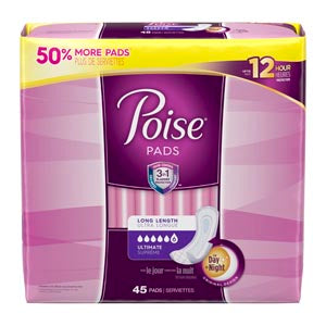 Kimberly-Clark Poise® Pads. Poise Ultimate Pads, Long, 45/Pk, 2 Pk/Cs. Pad Poise Ultimate Long45/Pk 2Pk/Cs, Case