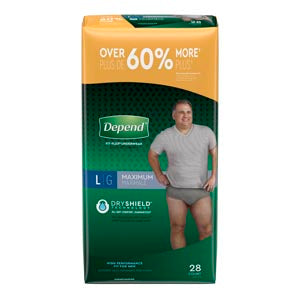 Kimberly-Clark Depend® Protective Underwear. Underwear Max Abs Lg Mengrey 28/Pk 2Pk/Cs, Case