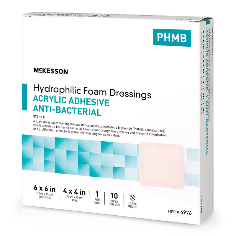 ANTIBACTERIAL FOAM DRESSING MCKESSON 6 X 6 INCH SQUARE ADHESIVE WITH BORDER STERILE, SOLD AS 100/CASE, MCKESSON 4976