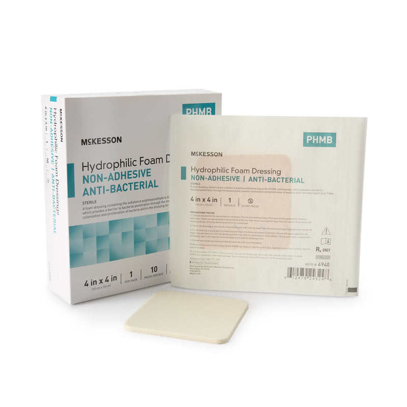 ANTIBACTERIAL FOAM DRESSING MCKESSON 4 X 4 INCH SQUARE NON-ADHESIVE WITHOUT BORDER STERILE, SOLD AS 10/BOX, MCKESSON 4940