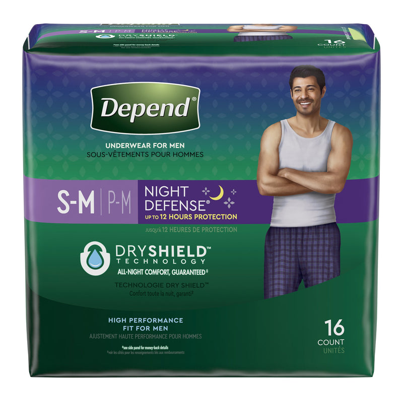 MALE ADULT ABSORBENT UNDERWEAR DEPEND® NIGHT DEFENSE® PULL ON WITH TEAR AWAY SEAMS SMALL   MEDIUM DISPOSA, SOLD AS 32/CASE, KIMBERLY 51124