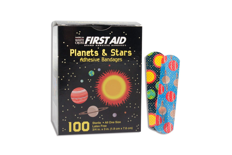 American White Cross First Aid Adhesive Strip, 5/8 X 2-1/4 Inch, Plastic, Rectangle, Kid Design, Planets And Stars, Sterile, Sold As 1/Box Dukal 15661