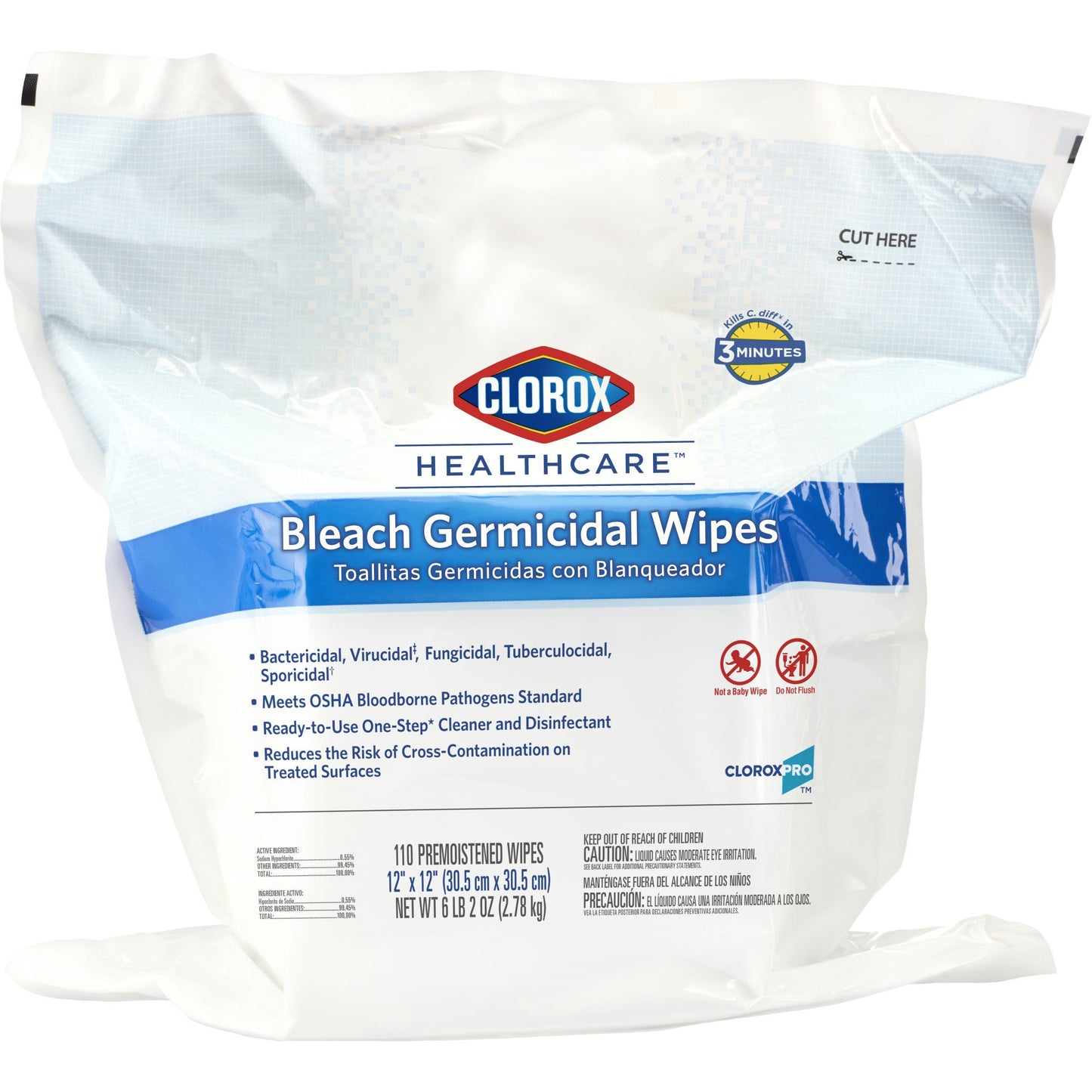 Clorox Healthcare Bleach Germicidal Cleaner Wipes, 110 Count Refill, Sold As 1/Box The 30359