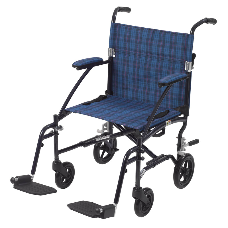 Drive™ Fly-Lite Ultra Lightweight Transport Wheelchair, Blue Frame With Blue Plaid Upholstery, Sold As 1/Each Drive Dfl19-Bl