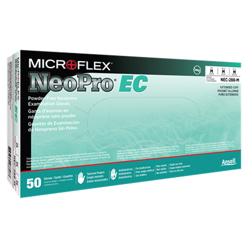 Neopro Ec Polychloroprene Extended Cuff Length Exam Glove, Medium, Green, Sold As 50/Box Microflex Nec-288-M