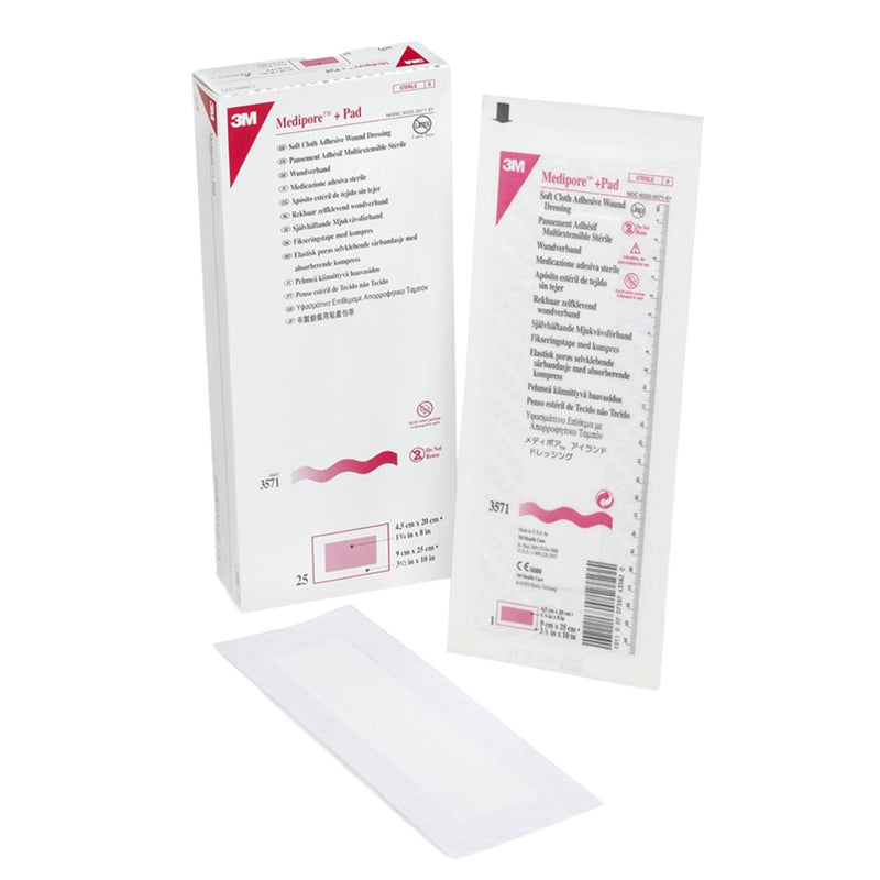 3M™ Medipore™ + Pad Soft Cloth Adhesive Dressing, 3½ X 10 Inch, Sold As 100/Case 3M 3571