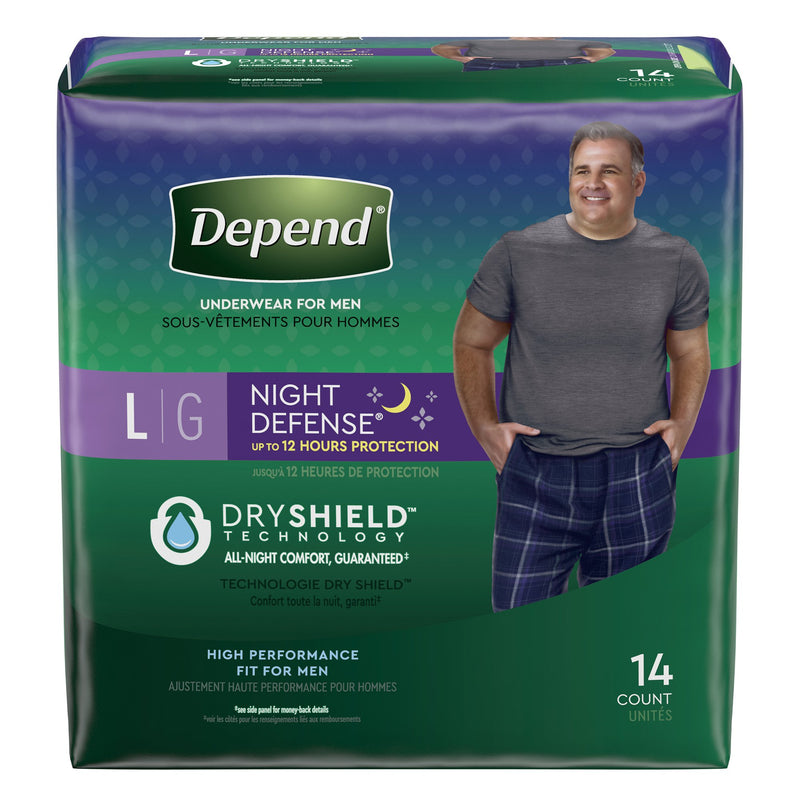 MALE ADULT ABSORBENT UNDERWEAR DEPEND® NIGHT DEFENSE® PULL ON WITH TEAR AWAY SEAMS LARGE DISPOSABLE HEAVY, SOLD AS 14/PACK, KIMBERLY 51125