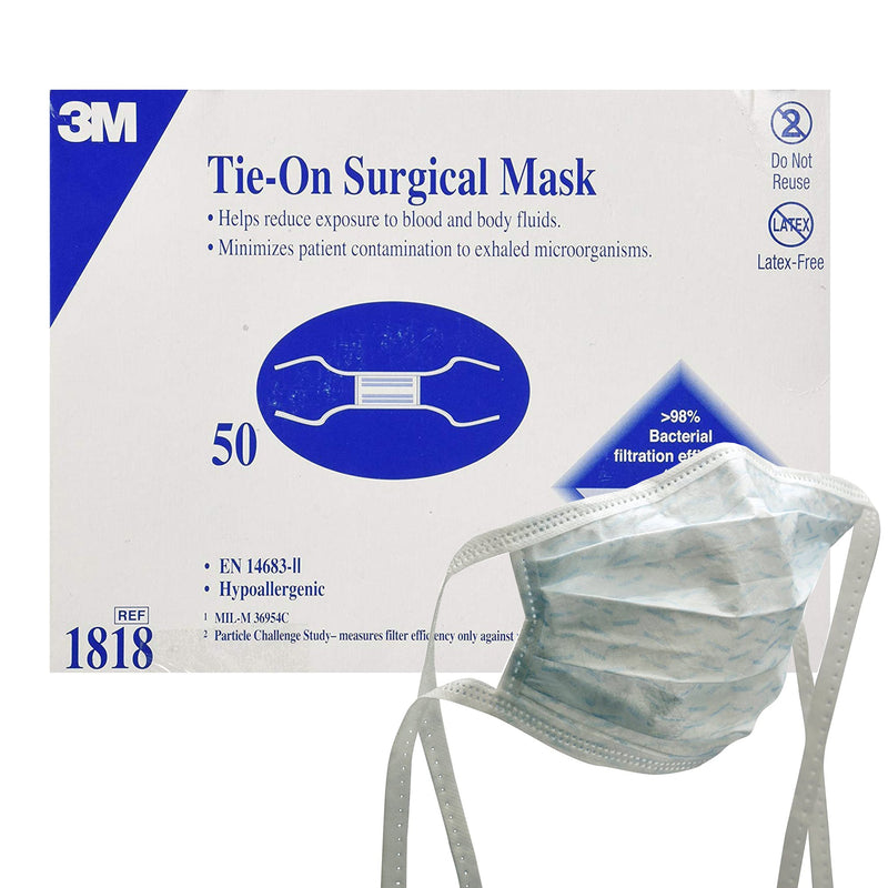 SURGICAL MASK 3M™ PLEATED TIE CLOSURE ONE SIZE FITS MOST WHITE NONSTERILE NOT RATED ADULT, SOLD AS 600/CASE, 3M 1818