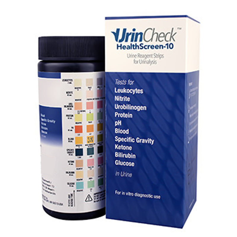 Urincheck™ Healthscreen-10 Bilirubin, Blood, Glucose, Ketone, Leukocytes, Nitrite, Ph, Protein, Specific Gravity, Urobilinogen Uri, Sold As 100/Bottle